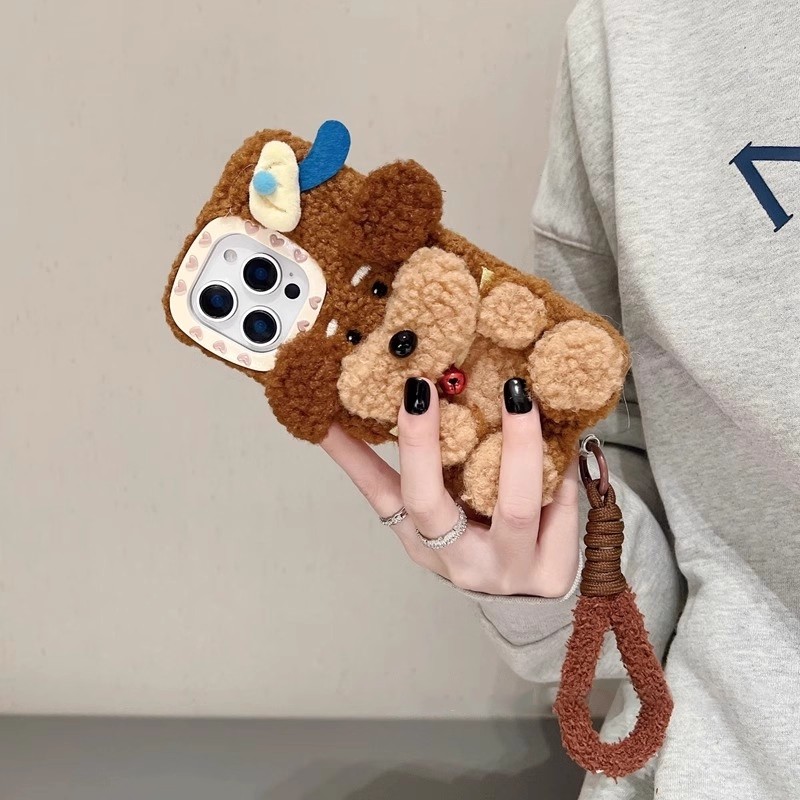 秋冬t2x网红vivoy37毛茸茸手提绳手机壳泰迪狗适用IQOO12pro+11s/13女VIVO IQOONEO10s pro冬iqooz9/z8/Z7/z6