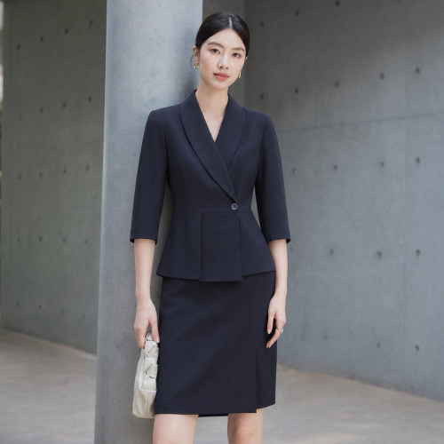艾尚臣轻熟风藏青色七分袖职业套裙女夏季商务正装气质通勤工作服