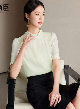 艾尚臣绿色衬衫女高级感夏季短袖薄款上衣休闲轻奢洋气花边领小衫