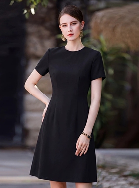 艾尚臣设计感黑色连衣裙女夏短袖圆领显瘦职场气质中长裙轻奢小众