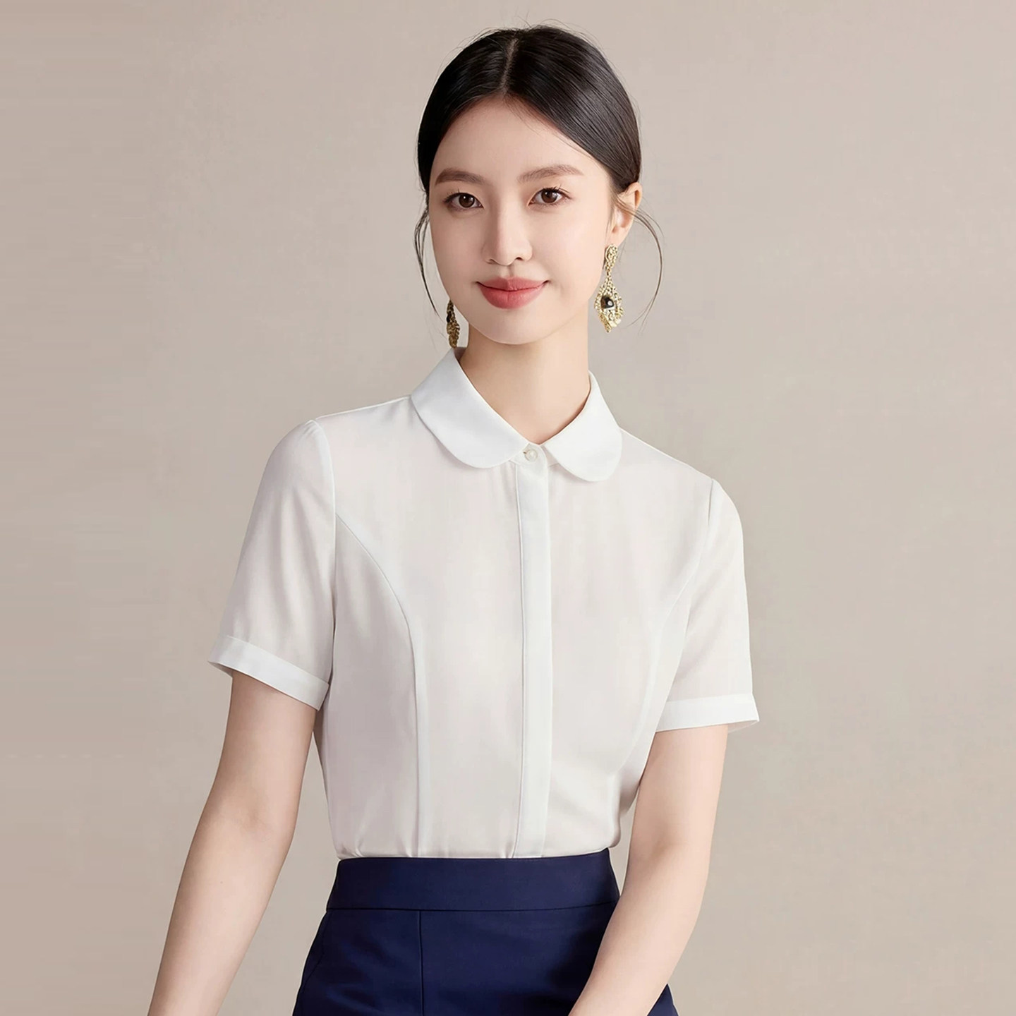 艾尚臣新品夏季职业装女装短袖白衬衫套装正装工作服雪纺衫衬衣