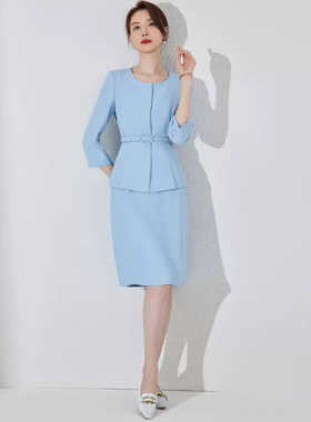 蓝色西装套裙女夏季薄款气质女神范职业套装酒店前台接待工作服夏
