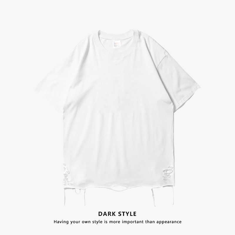 97OT SHOP美式高街下摆破洞短袖T恤oversize宽松男女纯棉百搭上衣