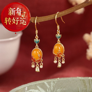 古风流苏天然蜜蜡耳环珐琅花朵耳坠925银蛋面耳饰送 新年转运