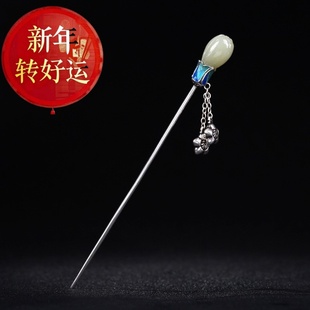 手工纯银景泰蓝镶嵌和田玉兰花簪娘小福袋流苏发簪女 新年转运