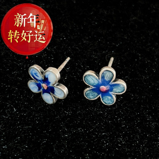 天然S925银五叶草烧蓝小花朵耳钉甜美简约少女耳环复 新年转运