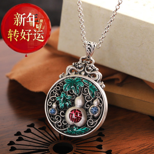 复古民族风纯银烧蓝六字真言葫芦圆形无事牌旧工艺气 新年转运