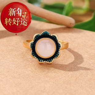 天然和田玉复古戒s925古法金宽面花朵女士小众轻奢指 新年转运