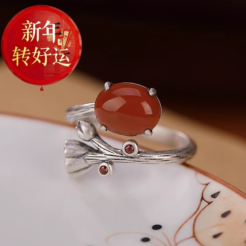【新年转运】南红莲蓬S925纯银戒指女 复古中国风莲子食指戒 优雅