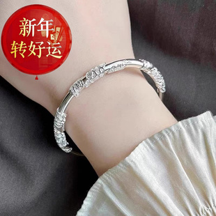 送女 繁花似锦手镯女纯银9999花丝实心推拉镯子年轻款 新年转运