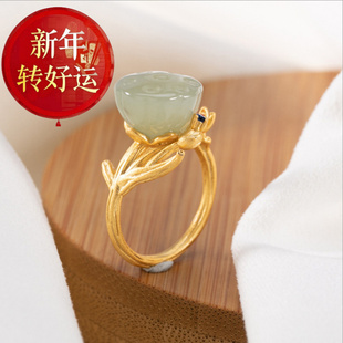 开口可调 原创设计天然和田碧玉纯银戒指简约圆珠女式 新年转运