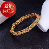 和田碧玉手镯S925纯银鎏金古法金镯子复古宫廷风镂空花丝 好运