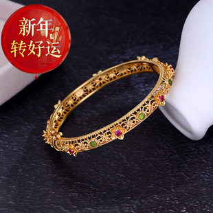 【好运】和田碧玉手镯S925纯银鎏金古法金镯子复古宫廷风镂空花丝