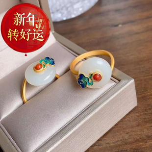 天然和田平安扣戒指S925纯银烧蓝祥云复古中国风食指 新年转运