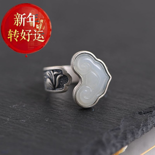 如意纯银手工和田戒指复古夸张民族风玉石食指银饰指 新年转运