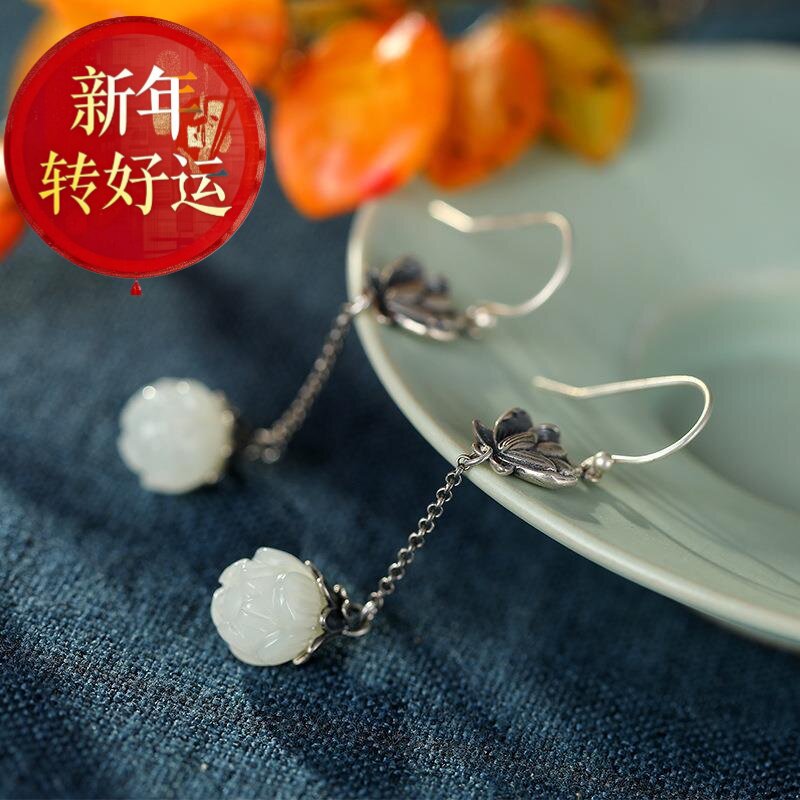 莲花复古耳坠镀银仿和田玉做旧工