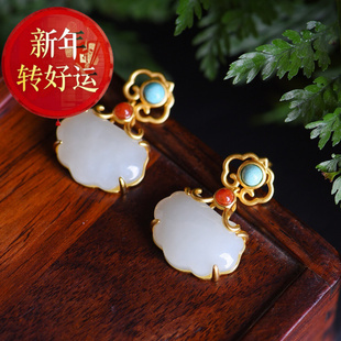 时尚 925纯银针白玉钱袋女耳坠气质优雅长款 复古典古 新年转运