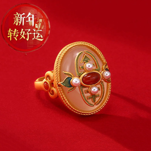 S925纯银天然和田玉珍珠戒指珐琅手饰贵气复古典雅指 新年转运