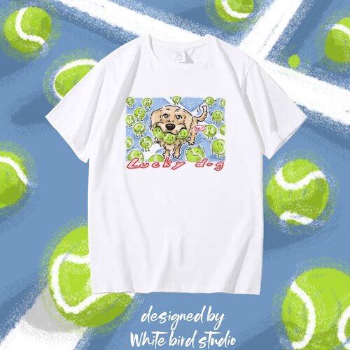 lucky dog  精梳纯棉 男款印花短袖女夏T恤上衣设计感小众