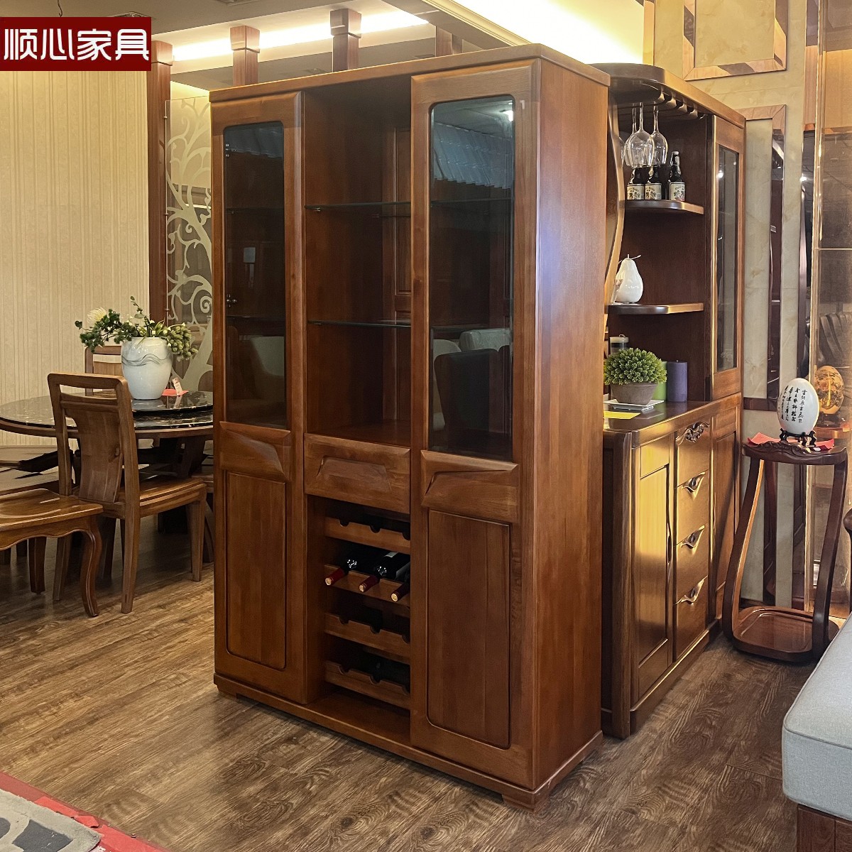 现代中式餐边柜储物柜实木酒柜楸木茶水柜特价欧式碗柜 厨房柜