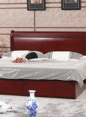 顺心家具实木床 双人储物床1.5水曲柳床 中式实木带抽箱式高床