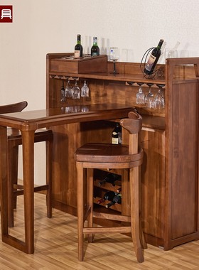 顺心家具实木吧台桌胡桃楸木中式吧台柜家用吧台餐边柜一体