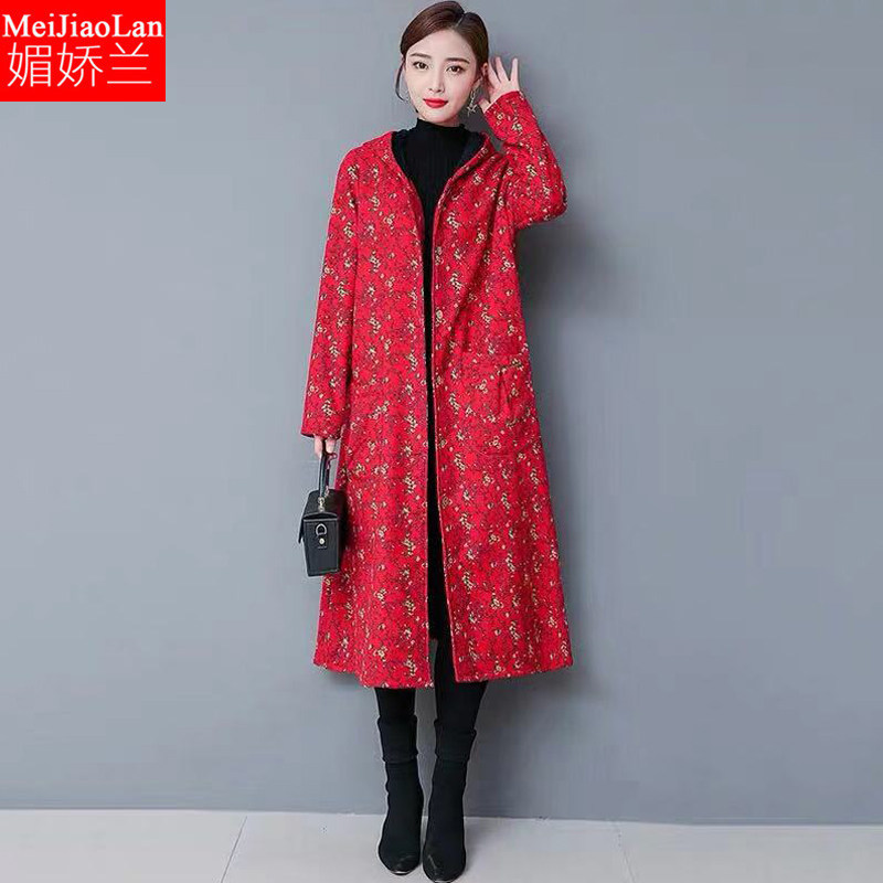 风衣女中长款秋冬2020新款碎花连帽加绒加厚棉麻开衫棉服妈妈外套