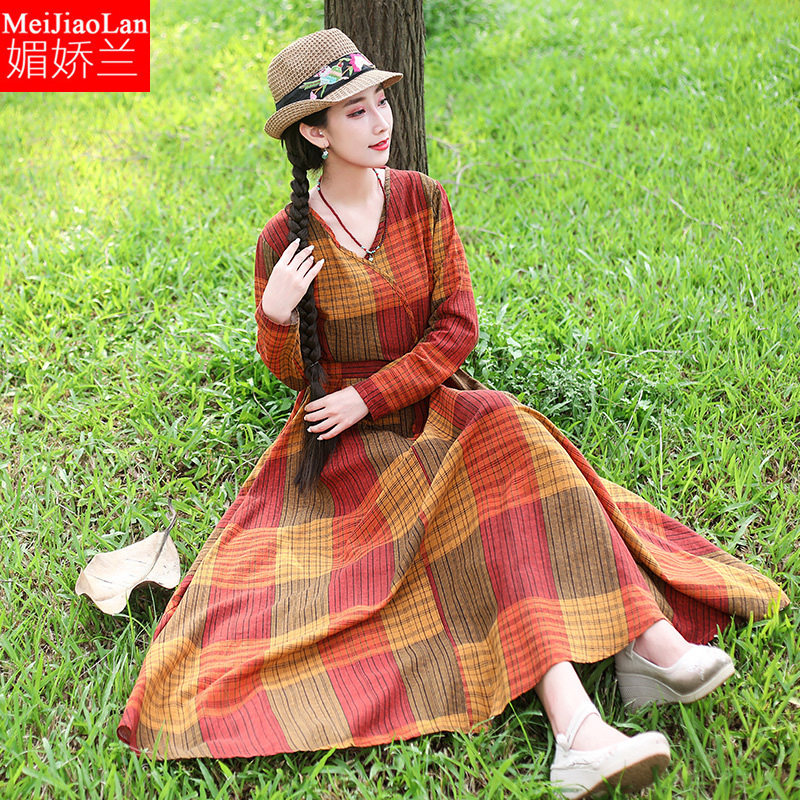 大码女装胖mm2019新款初秋冬中国民族风复古棉麻中长款连衣裙遮肉