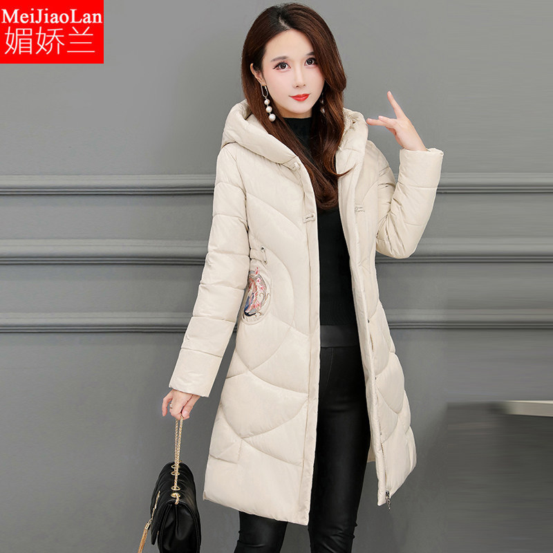 棉衣女中长款冬季女士棉服棉袄连帽刺绣大码装中国风加厚保暖外套