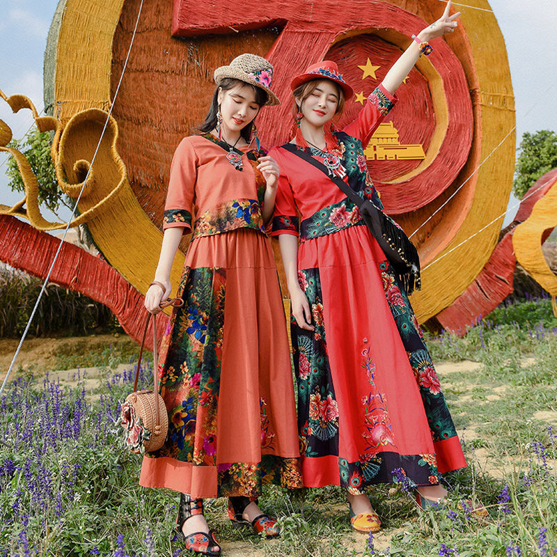 中国风连衣裙夏碎花t恤半身裙子棉麻两件套民族女胖妹妹显瘦套装