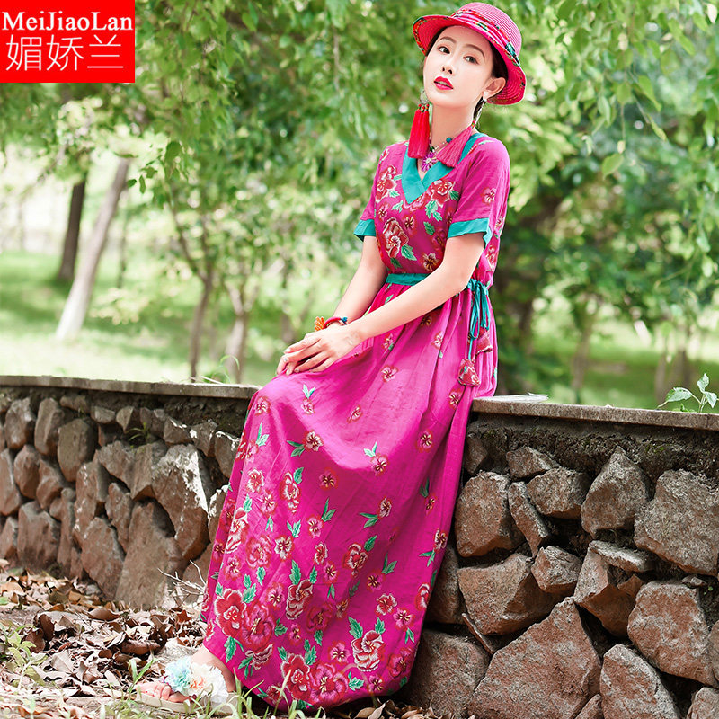 女装复古民族风收腰显瘦碎花连衣裙洋气减龄适合胖女人穿的裙子夏