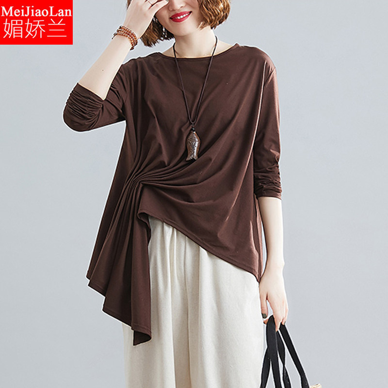 大码女装2020春季新款外穿洋气复古百搭不规则棉T恤压褶上衣胖mm