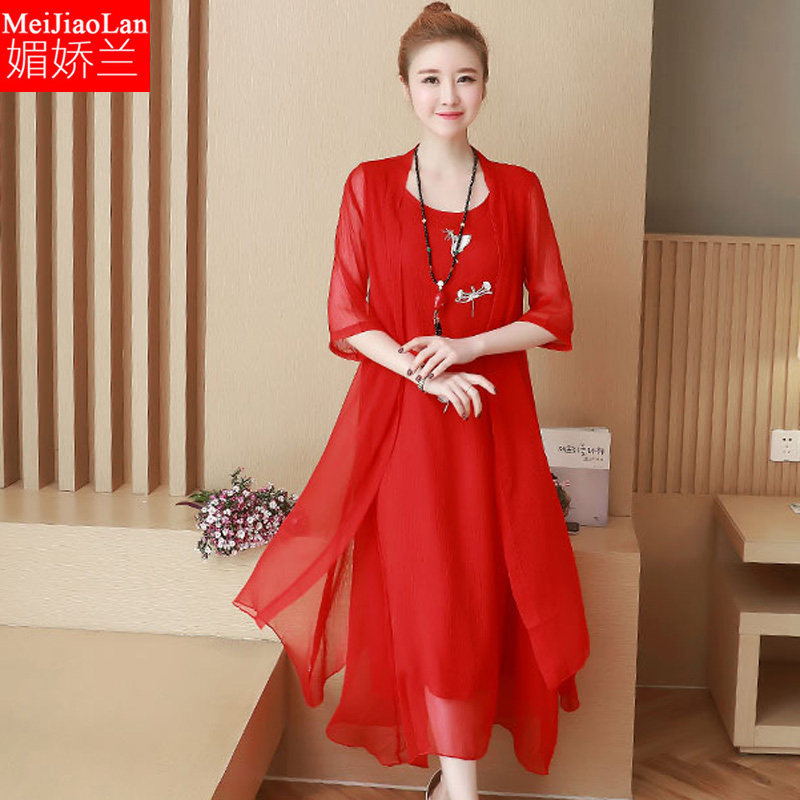 200斤微胖mm两件套连衣裙披肩加肥加大码女装中国民族风宽松套装