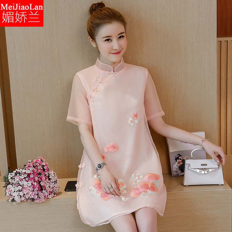 胖mm大码少女装夏新复古民族风绣花宽松短袖a字裙连衣裙遮肉显瘦