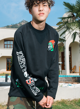 Eusoueu秋季「太极系列」发泡印花散边美式街头重磅圆领套头卫衣