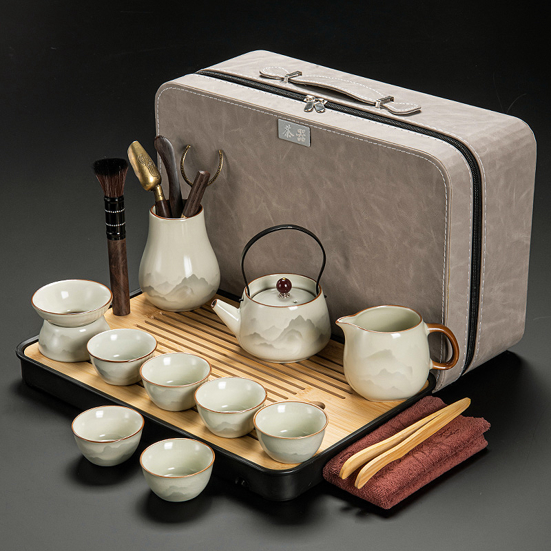 可携式黄汝窑旅行茶具套组2025新款露营陶瓷功夫提梁茶壶茶杯泡茶
