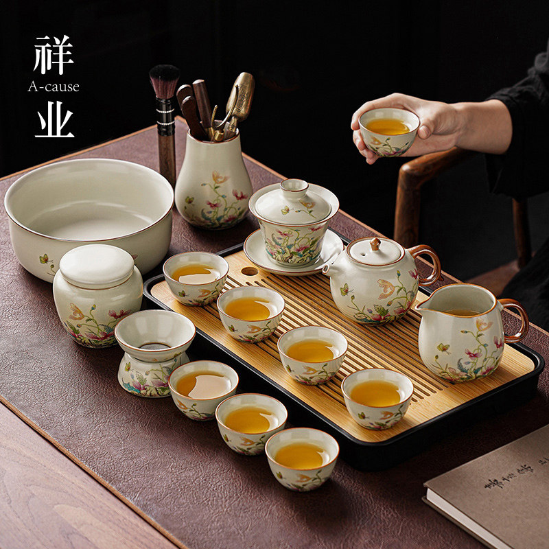 虞美人黄汝窑茶具套装家用轻奢功夫泡茶壶盖碗茶杯茶盘喝茶一整套,餐饮具,功夫茶具,淘宝优惠券,粉丝福利购,淘宝优惠卷