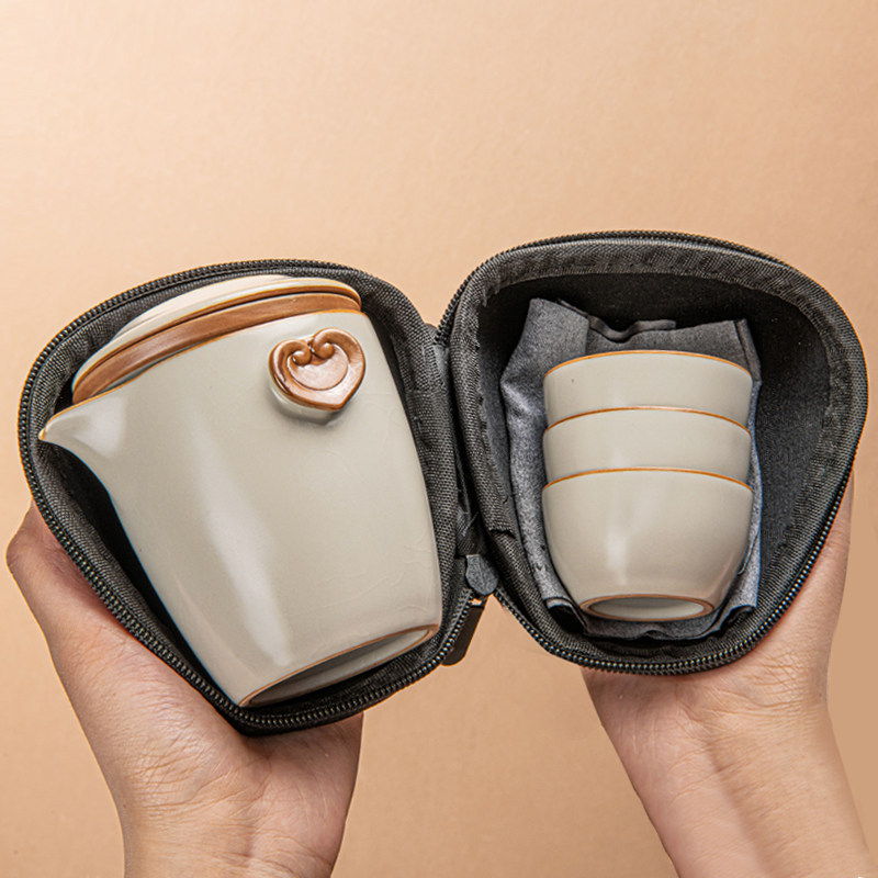 可携式汝窑旅行茶具套组陶瓷快客杯个人专用功夫户外旅游露营泡茶