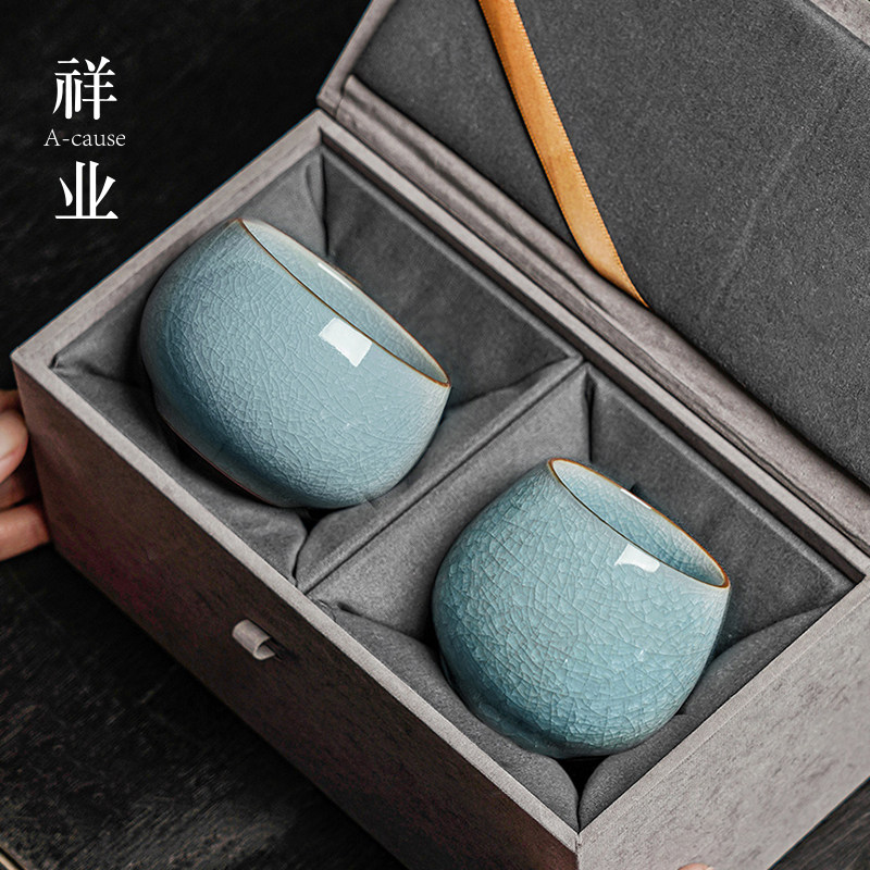 汝窑冰花茶杯主人杯喝茶杯个人专用陶瓷冰裂纹功夫茶盏情侣杯对杯