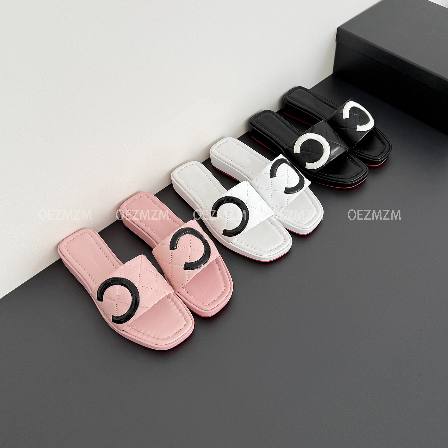 OEZMZM 2026夏季新款真皮厚底菱格纹一字拖女外穿百搭休闲凉拖鞋