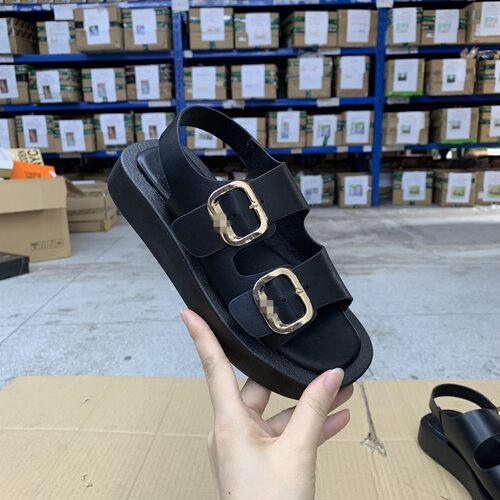 圆头皮带扣金属厚底休闲罗马鞋