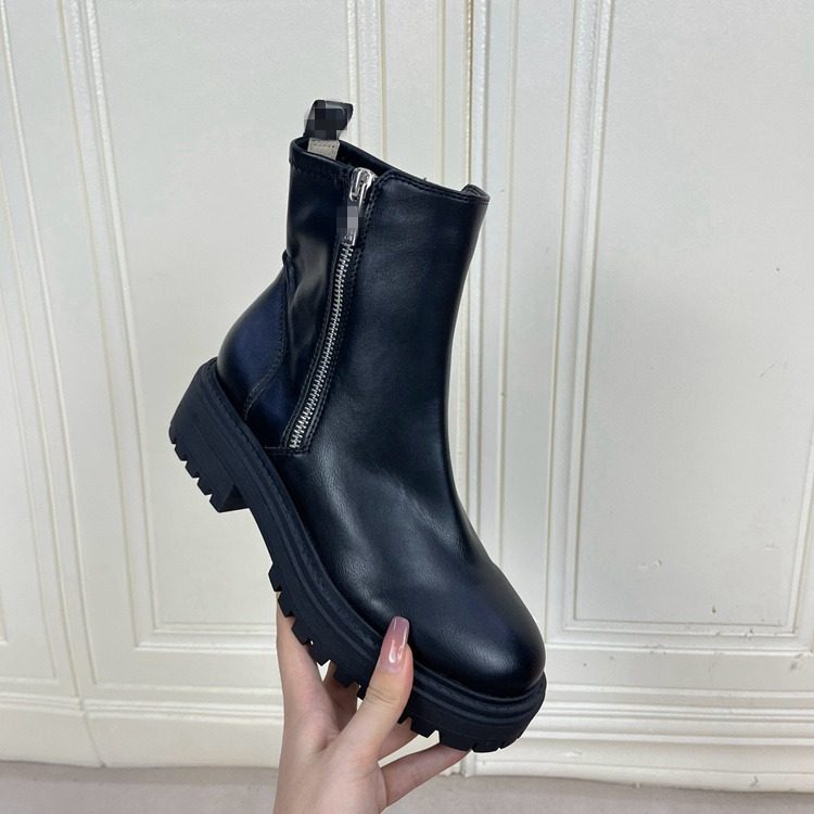 外贸原单圆头粗跟厚底短靴简约时尚新款侧拉链日常舒适百搭女靴