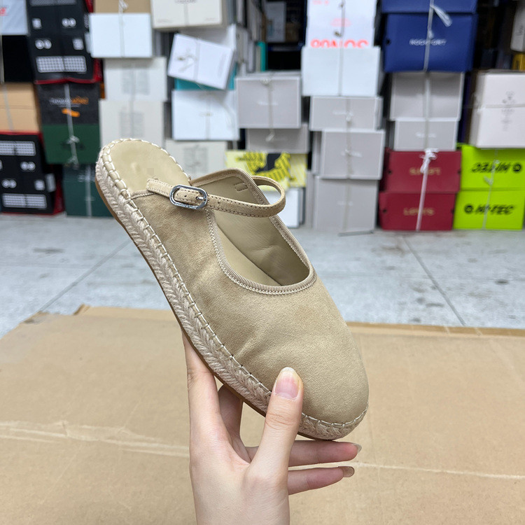 圆头纯色绒面草编厚底半拖鞋凉鞋