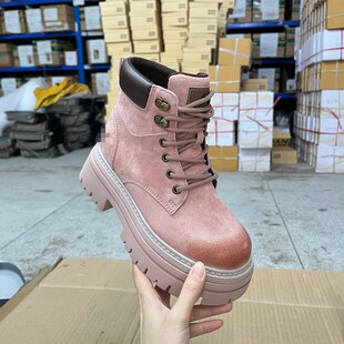 Lady Shoes外贸原单女靴真皮微瑕圆头厚底粗跟户外工装靴马丁靴