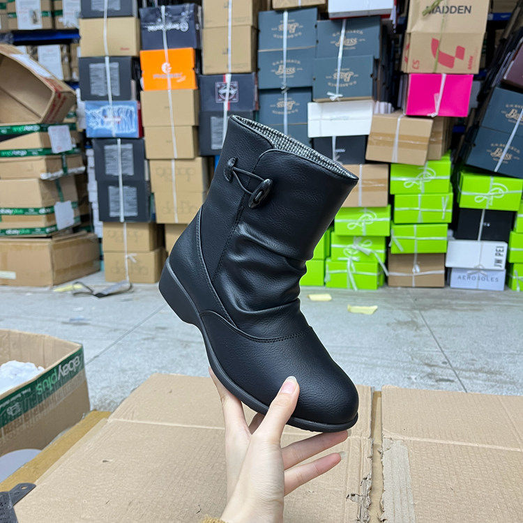 外贸原单舒适日系短靴简约时尚新款圆头粗跟一脚蹬靴子日常外穿