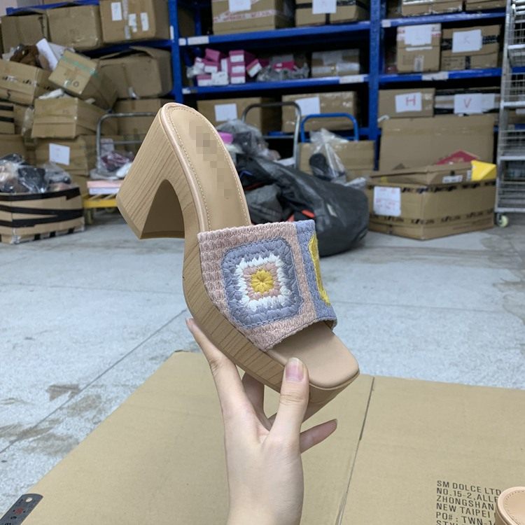 外贸原单女鞋新款畅销方头针织编织时尚粗跟厚底拖鞋凉鞋