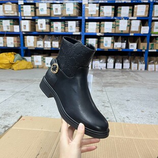 短靴 圆头纯色粗跟侧拉链皮带扣时装 Lady Shoes外贸原单女靴时尚