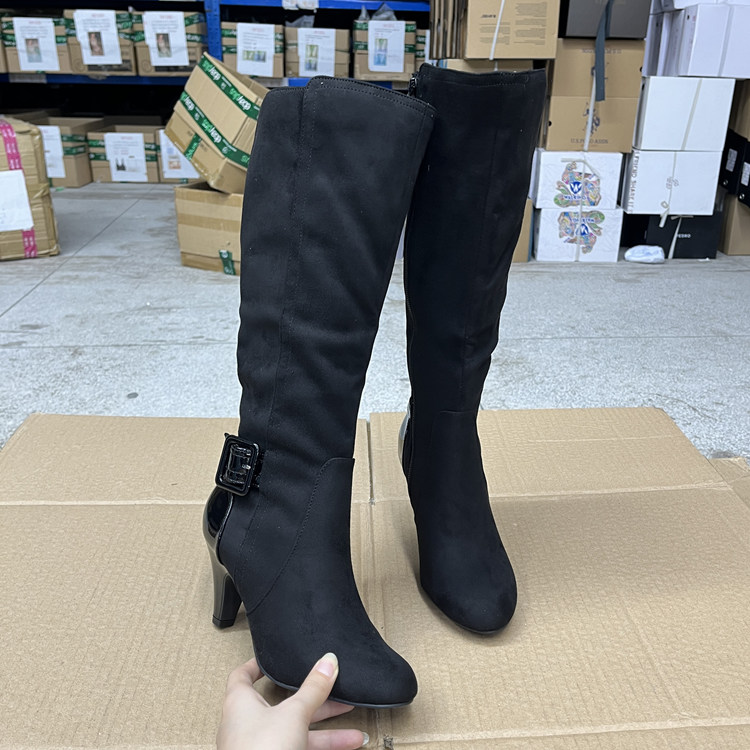 外贸原单女靴新款圆头纯色侧拉链细高跟皮带扣时尚长筒靴时装靴