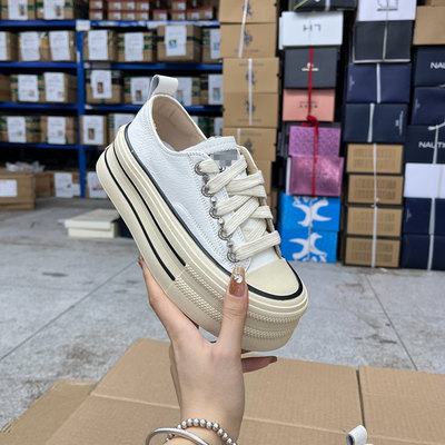 外贸原单女鞋新款真皮圆头厚底增高显瘦系带小个子百搭气质板鞋