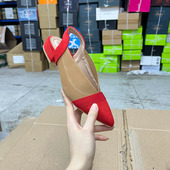 外贸原单shoes女鞋 包头凉鞋 偏瘦尖头时尚 拼色浅口粗跟一脚蹬单鞋